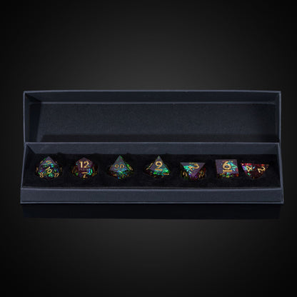 Open box display of Corrupted Meadow sharp edge dice set for DnD and DnD 5e