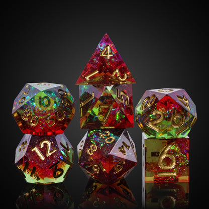 Stacked Corrupted Meadow sharp edge dice for DnD and DnD 5e players, shimmering red green finish