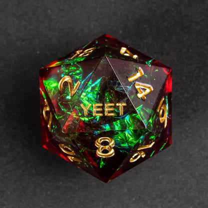 Close-up of the Corrupted Meadow Yeet sharp edge D20 with gold numbers and holographic shimmer