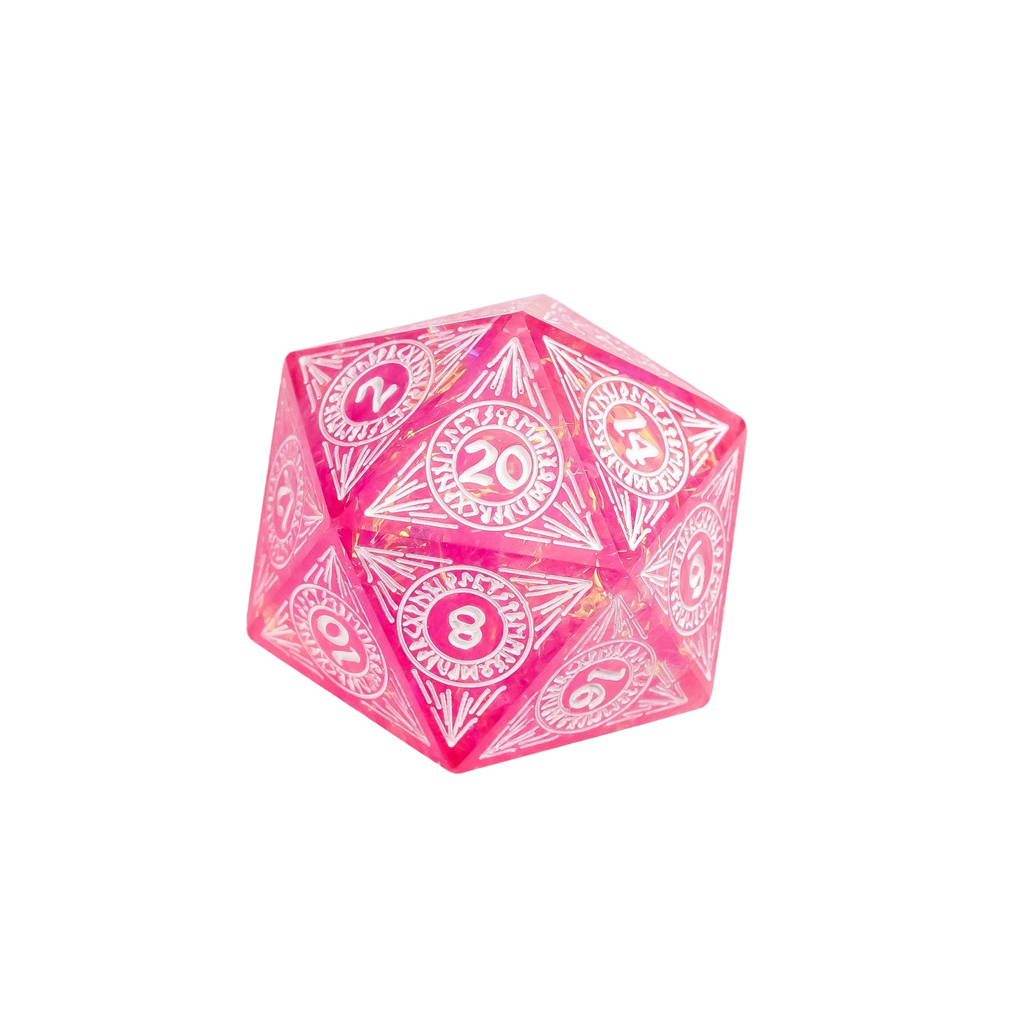 Cotton Candy Dream sharp edge D20 in pink resin with white engraved numbers and shimmer flakes