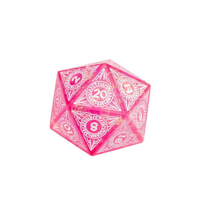 Cotton Candy Dream sharp edge D20 in pink resin with white engraved numbers and shimmer flakes