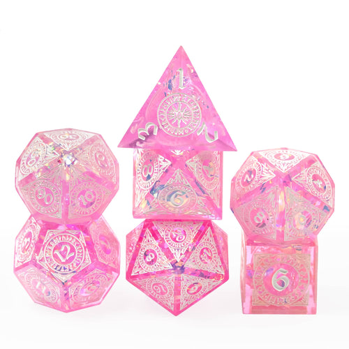 Cotton Candy Dream sharp edge pink resin dice set with white engraved numbers for DnD