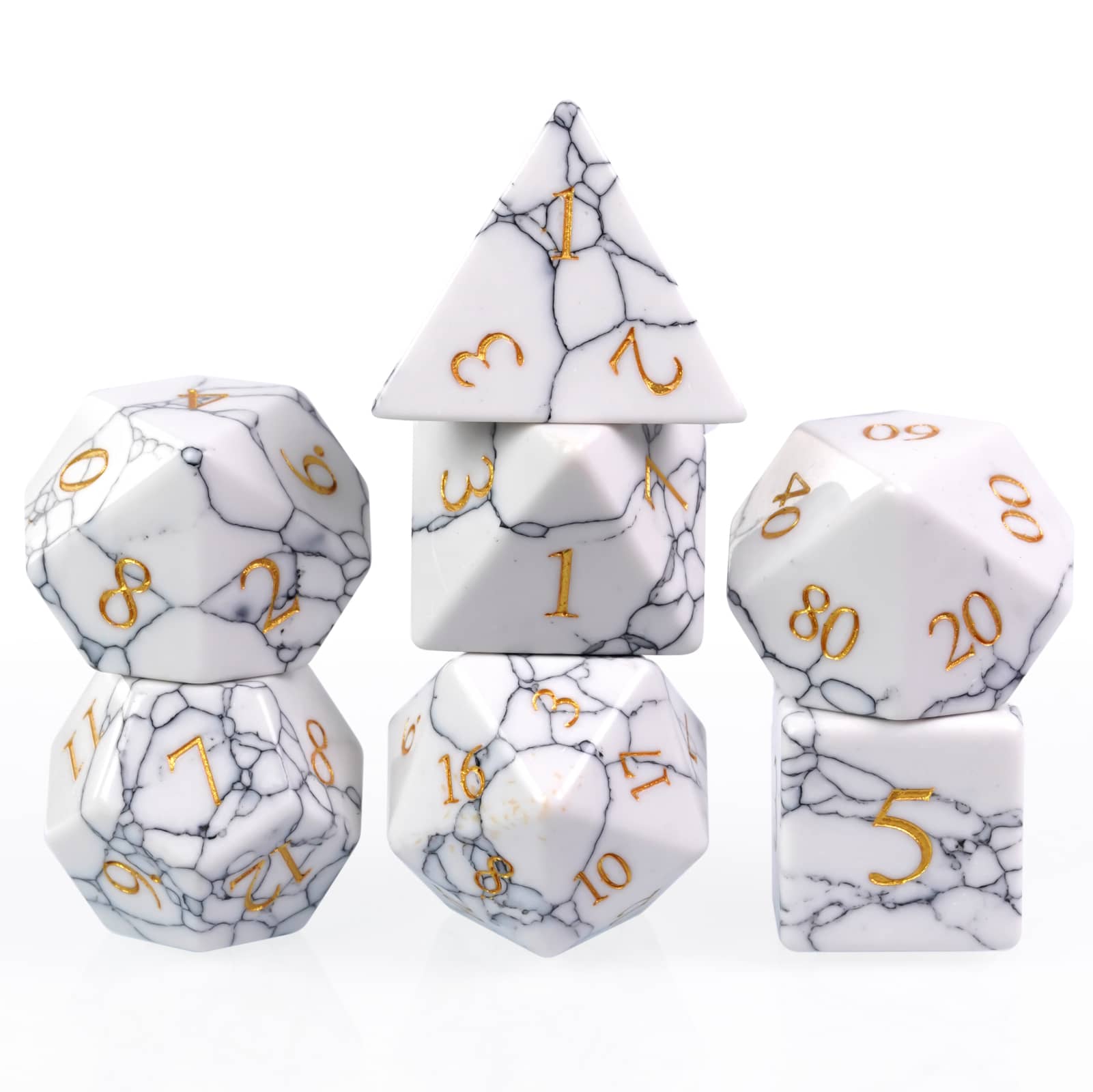 Front view of Cracked Marble Stone Dice Set with white marble texture and gold numbering