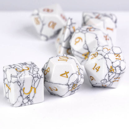 Cracked Marble Stone Dice Set arranged on white background highlighting polished stone finish