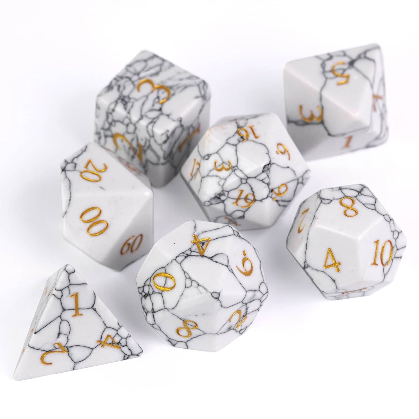 Top view of Cracked Marble Stone Dice Set featuring smooth white surface and fine marble pattern