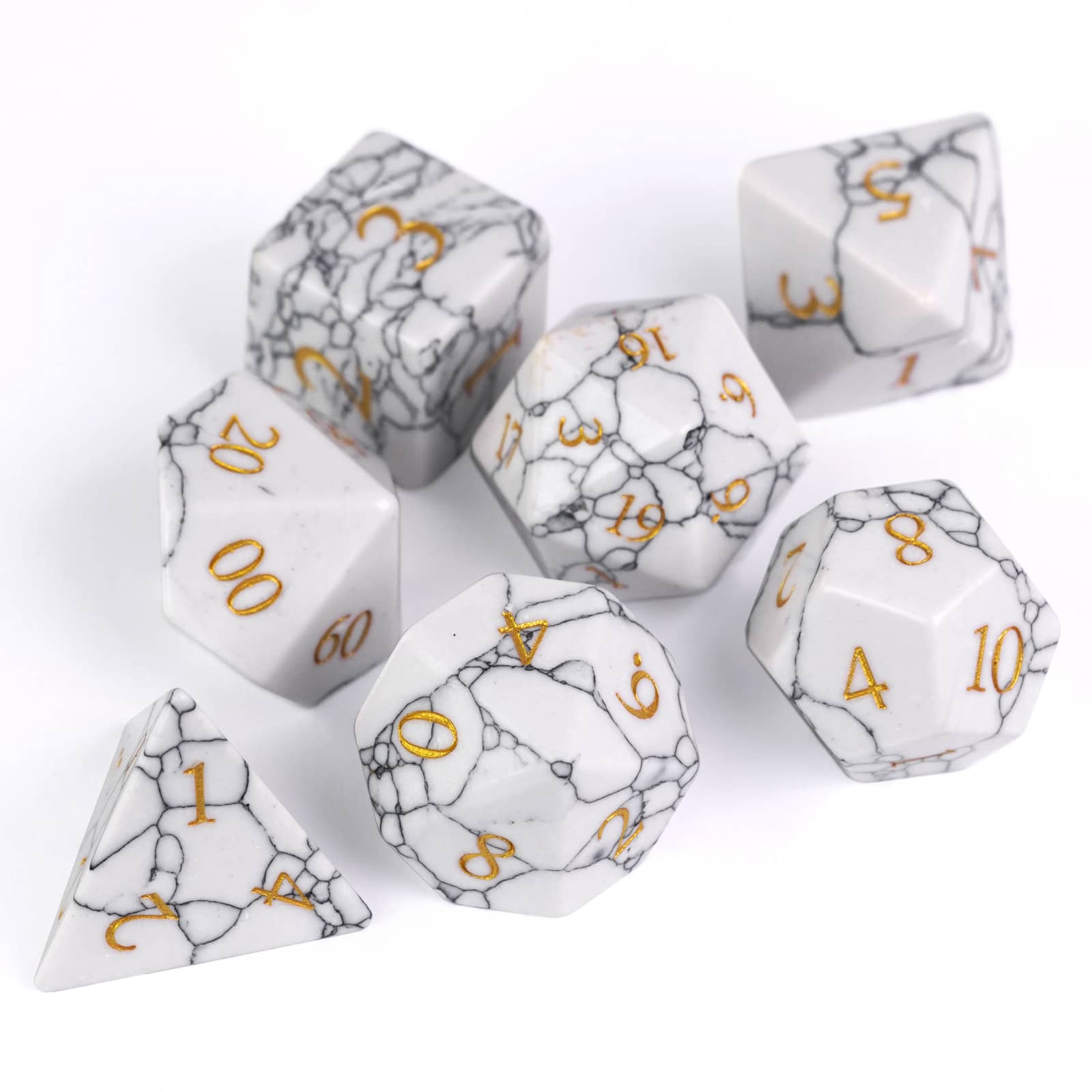 Top view of Cracked Marble Stone Dice Set featuring smooth white surface and fine marble pattern