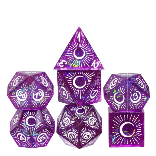 Crescent Moon Purple Sharp Edge Dice Set 7 piece holographic resin dice for DnD & RPGs