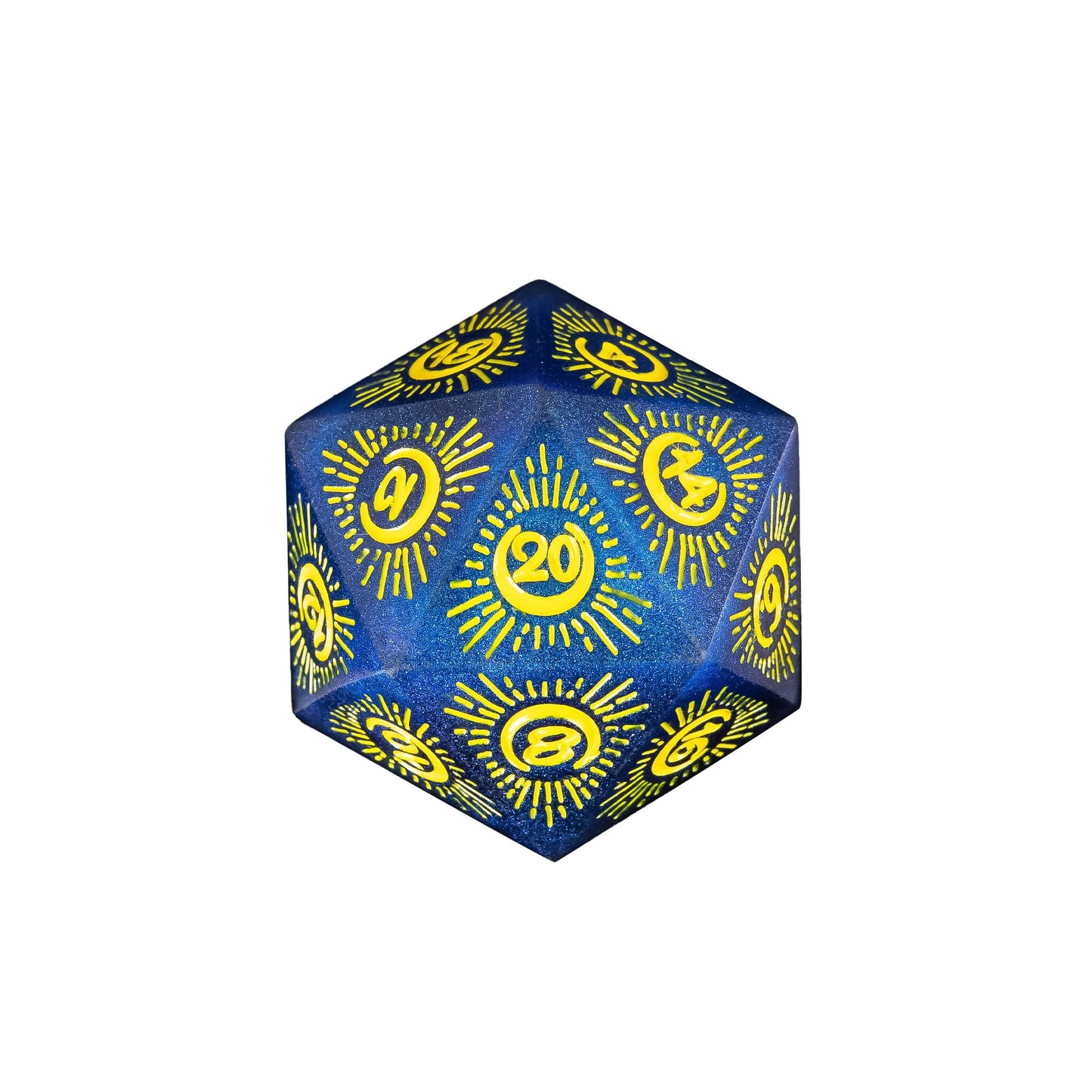 Blue Crescent Moon sharp edge D20 with gold celestial sunburst numbers for DnD and tabletop RPGs