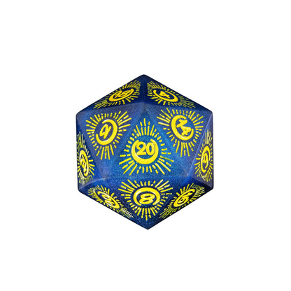 Blue Crescent Moon sharp edge D20 with gold celestial sunburst numbers for DnD and tabletop RPGs
