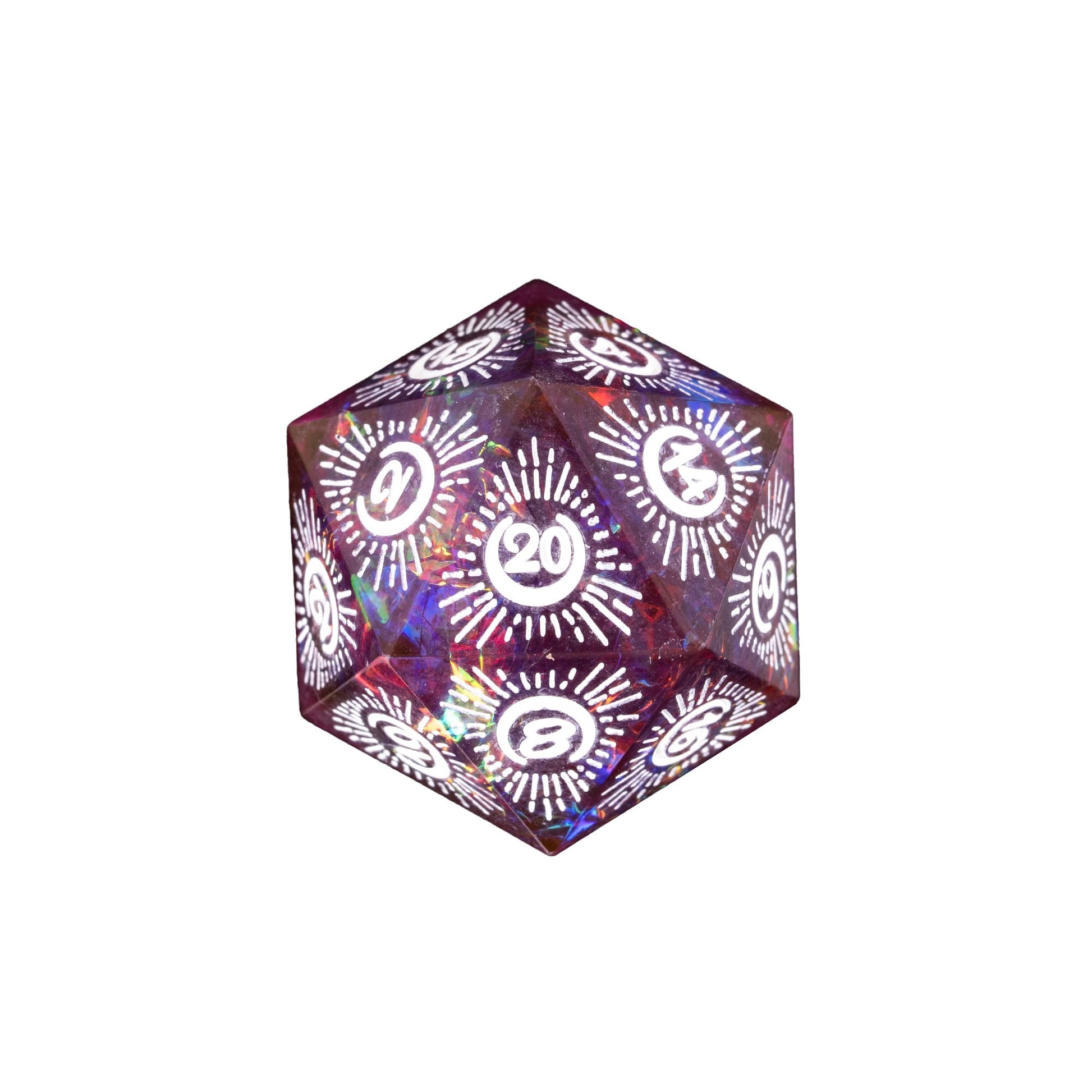 Purple Crescent Moon sharp edge D20 with white celestial sunburst numbers for DnD and tabletop RPGs
