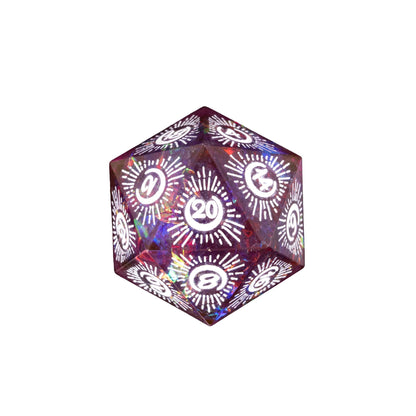 Purple Crescent Moon sharp edge D20 with white celestial sunburst numbers for DnD and tabletop RPGs