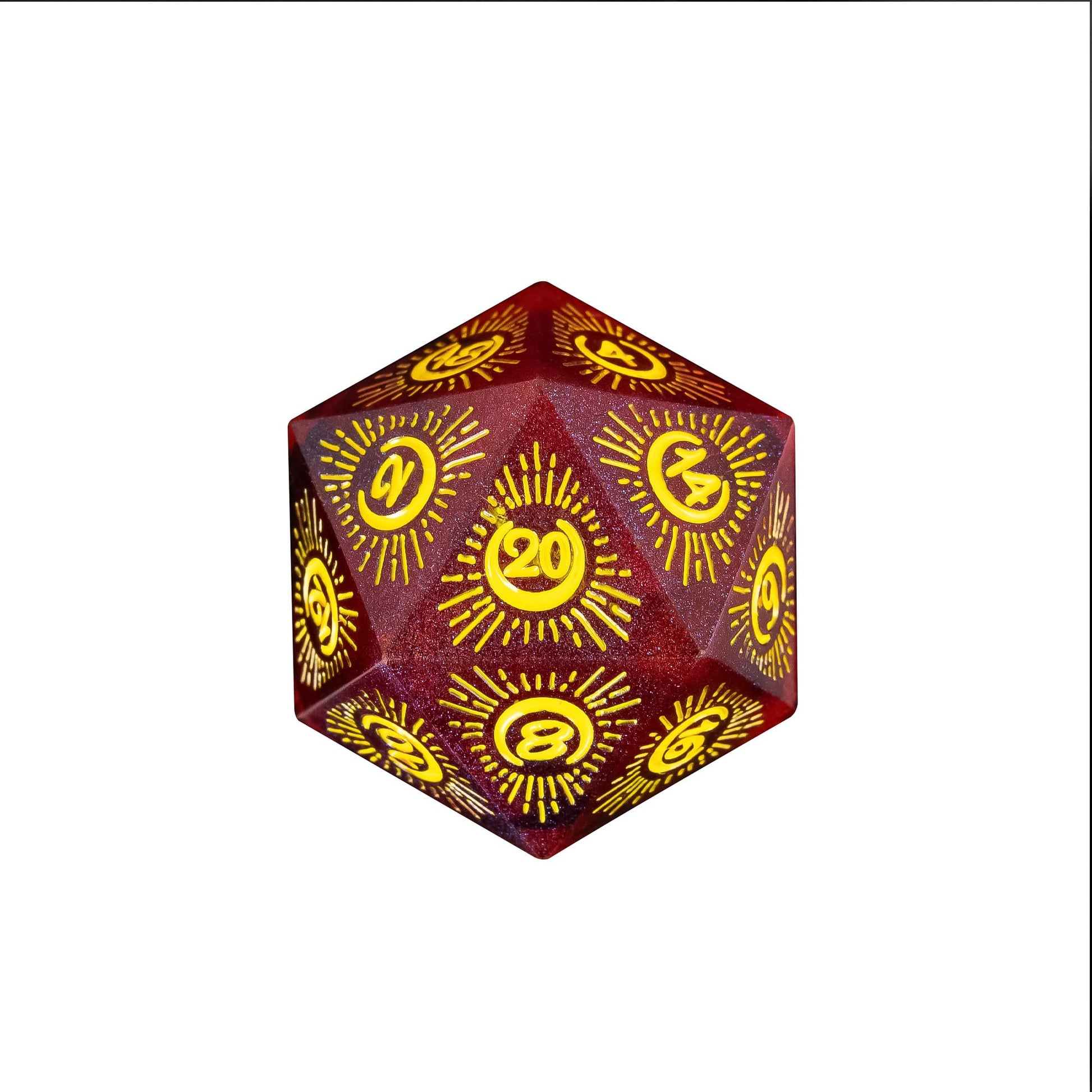 Red Crescent Moon sharp edge D20 with gold celestial sunburst numbers for DnD and tabletop RPGs