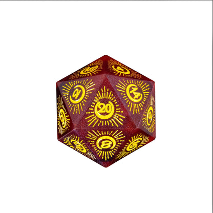 Red Crescent Moon sharp edge D20 with gold celestial sunburst numbers for DnD and tabletop RPGs