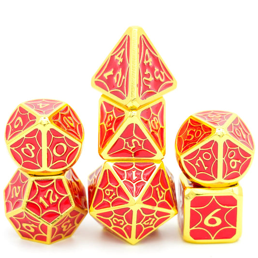 Stacked Crimson Gold Chroma dice set showing full polyhedral range