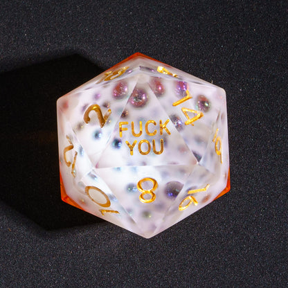 Close up of Crisp Brew Sharp Edge D20 with Fuck You face for DnD dice
