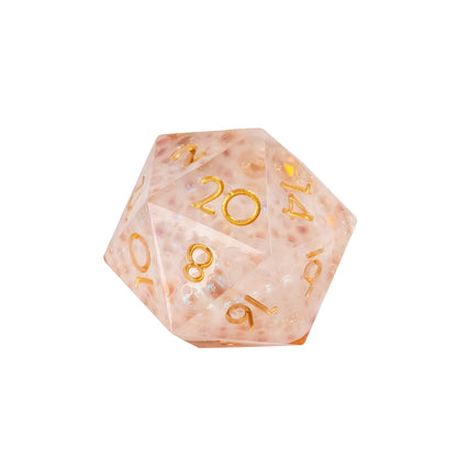 Close up of Crisp Brew Sharp Edge D20 with frosted resin texture and engraved gold numbering