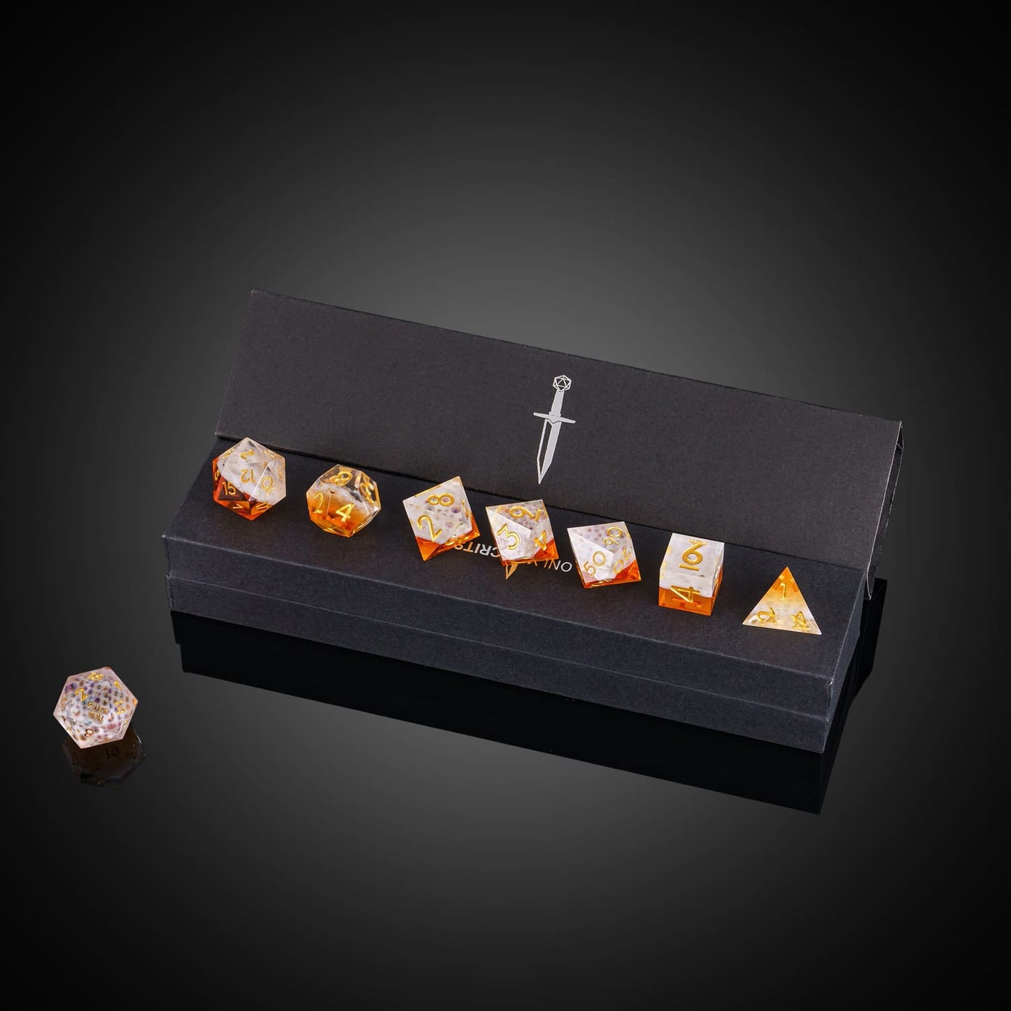 Crisp Brew Sharp Edge Dice Set displayed in Only Crits box for DnD players