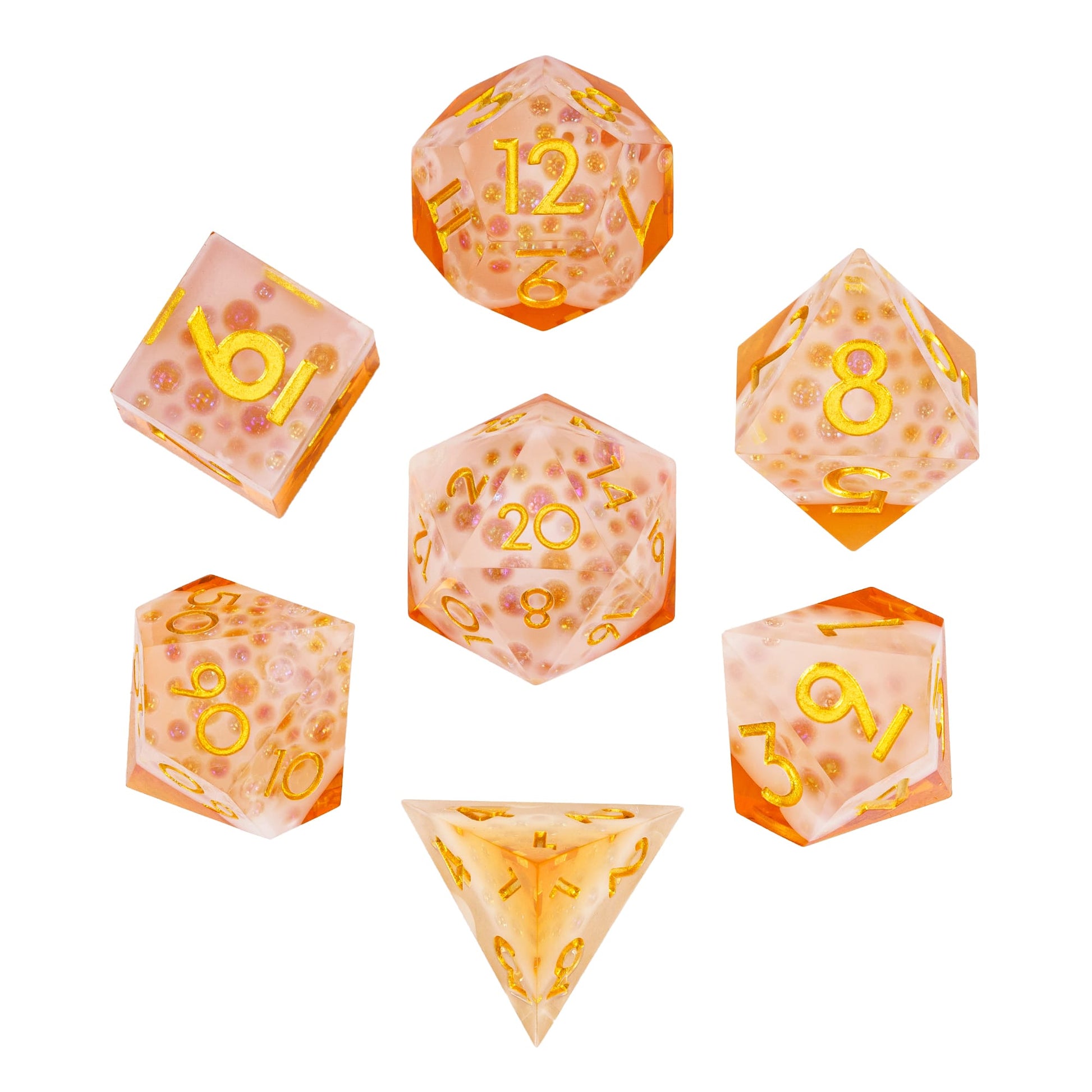 Flat lay of Crisp Brew Sharp Edge Dice Set 7 piece resin dice collection for DnD and DnD 5e