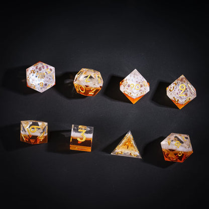 Flat lay of Crisp Brew Sharp Edge Dice Set 8 piece resin dice for DnD