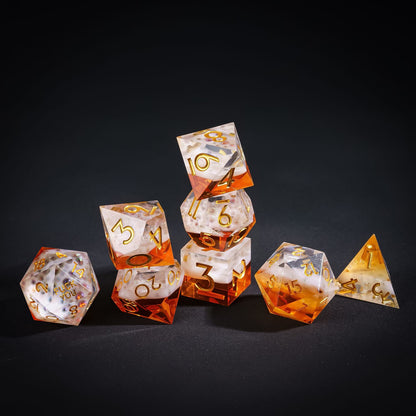 Stacked display of Crisp Brew Sharp Edge Dice Set for DnD dice collectors