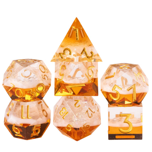 Stacked Crisp Brew Sharp Edge Dice Set showing amber brew tones and crisp sharp edges