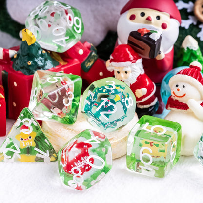 Critmas Crew resin Dice Set displayed with Santa and snowman decorations for DnD and tabletop RPGs