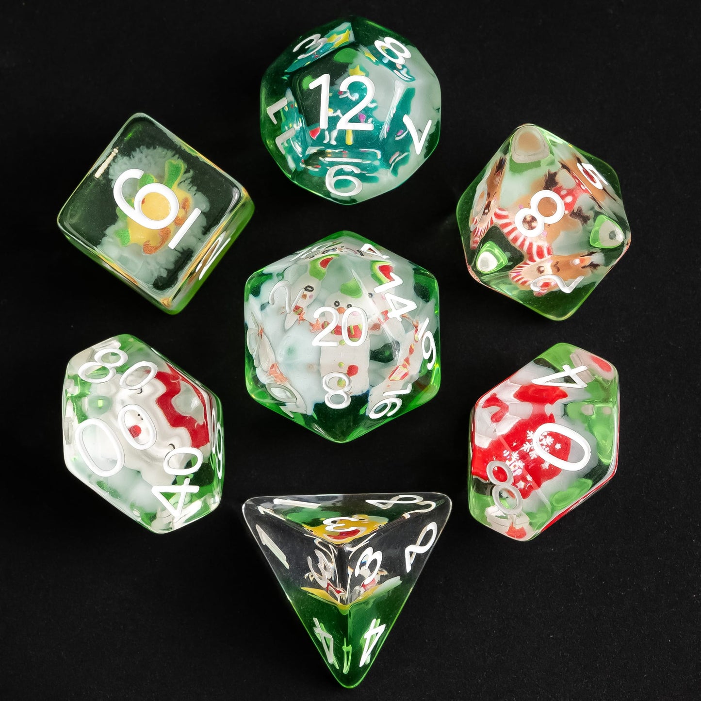Christmas themed Critmas Crew Dice Set on black backdrop for DnD and TTRPG campaigns