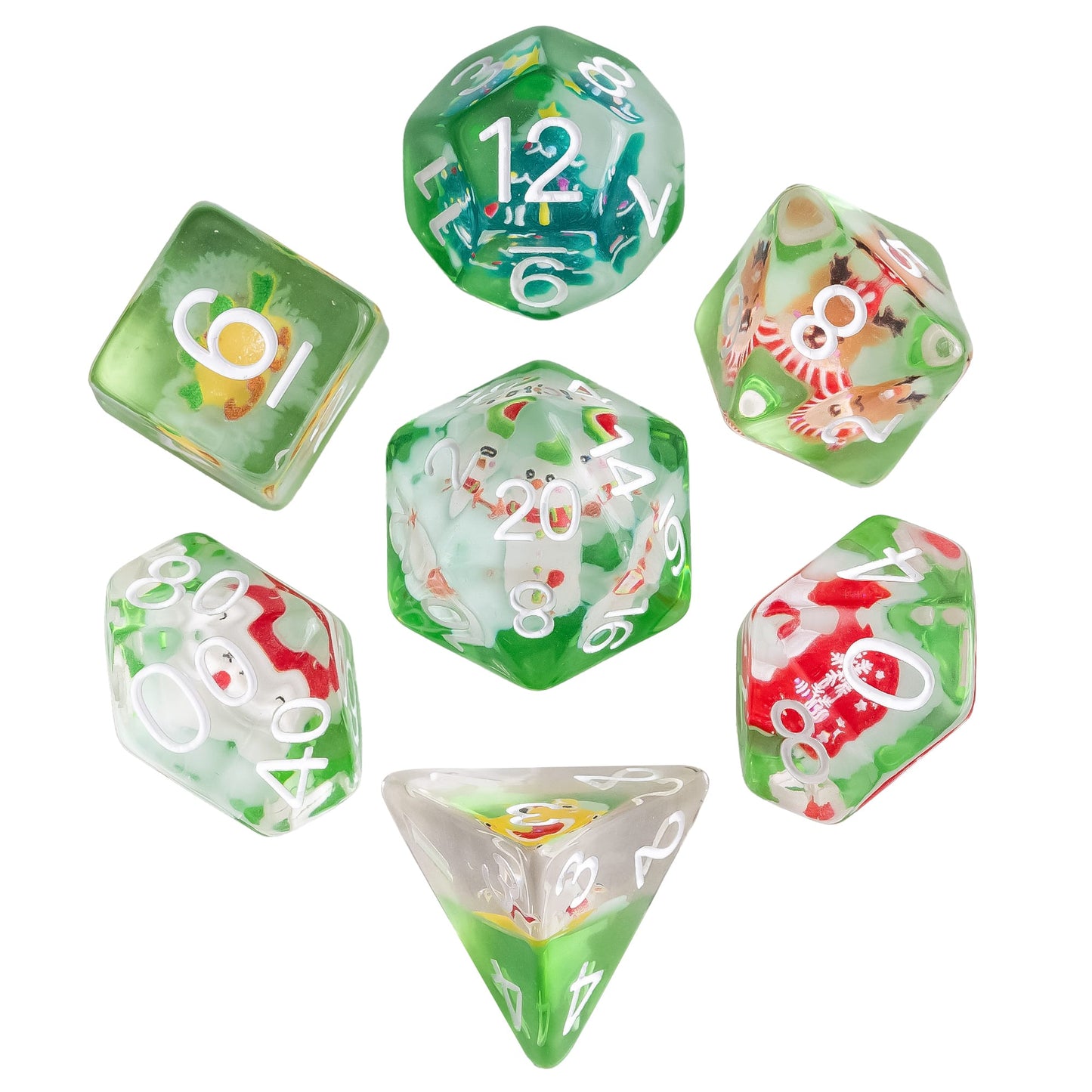 Flat lay of Critmas Crew Christmas themed resin Dice Set 7 piece collection for DnD and TTRPG games