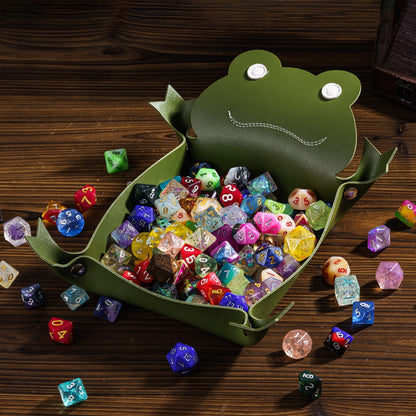 Frog Critter Dice Tray filled with colorful dice for DnD & DnD 5e tabletop games