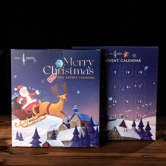 Two Christmas-themed dice advent calendars on a wooden surface