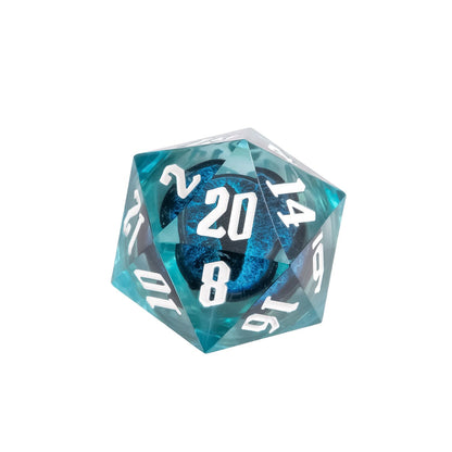 Close up of Dragon Eye Blue D20 sharp edge dice with floating dragon eye effect and white numbering