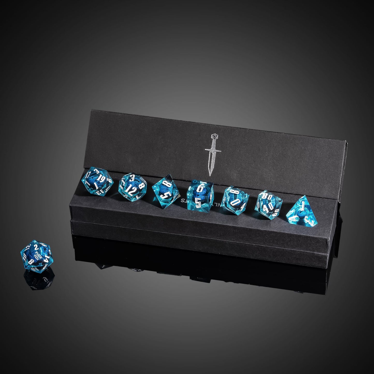 Dragon Eye Blue Fuck Me Sharp Edge Dice Set displayed in Only Crits box for DnD players