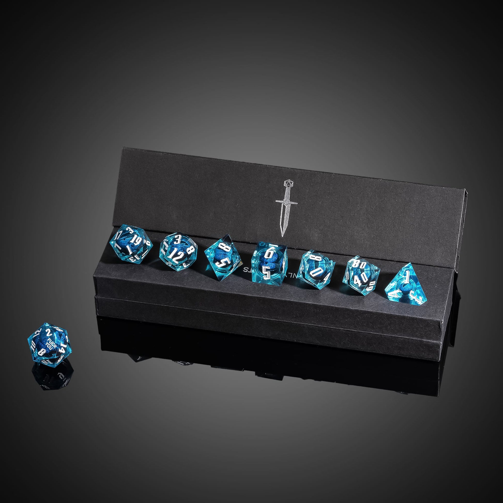 Dragon Eye Blue Fuck Me Sharp Edge Dice Set displayed in Only Crits box for DnD players