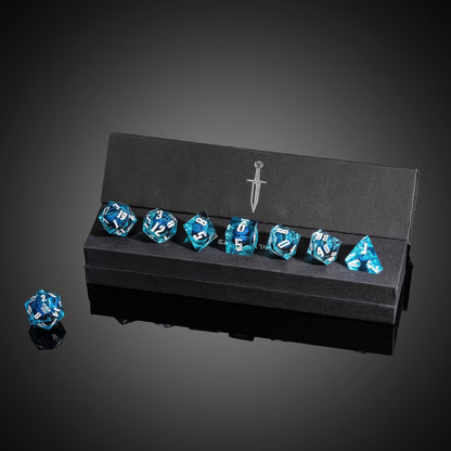 Dragon Eye Blue Fuck Me Sharp Edge Dice Set displayed in Only Crits box for DnD players
