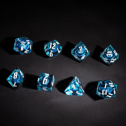 Overhead display of Dragon Eye Blue F Me Sharp Edge Dice Set with white numbering for DnD