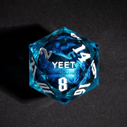 Close up of Dragon Eye Blue Sharp Edge D20 with YEET face for DnD dice