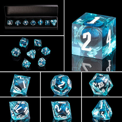 Collage of Dragon Eye Blue sharp edge dice set showcasing multiple angles and detailed resin design