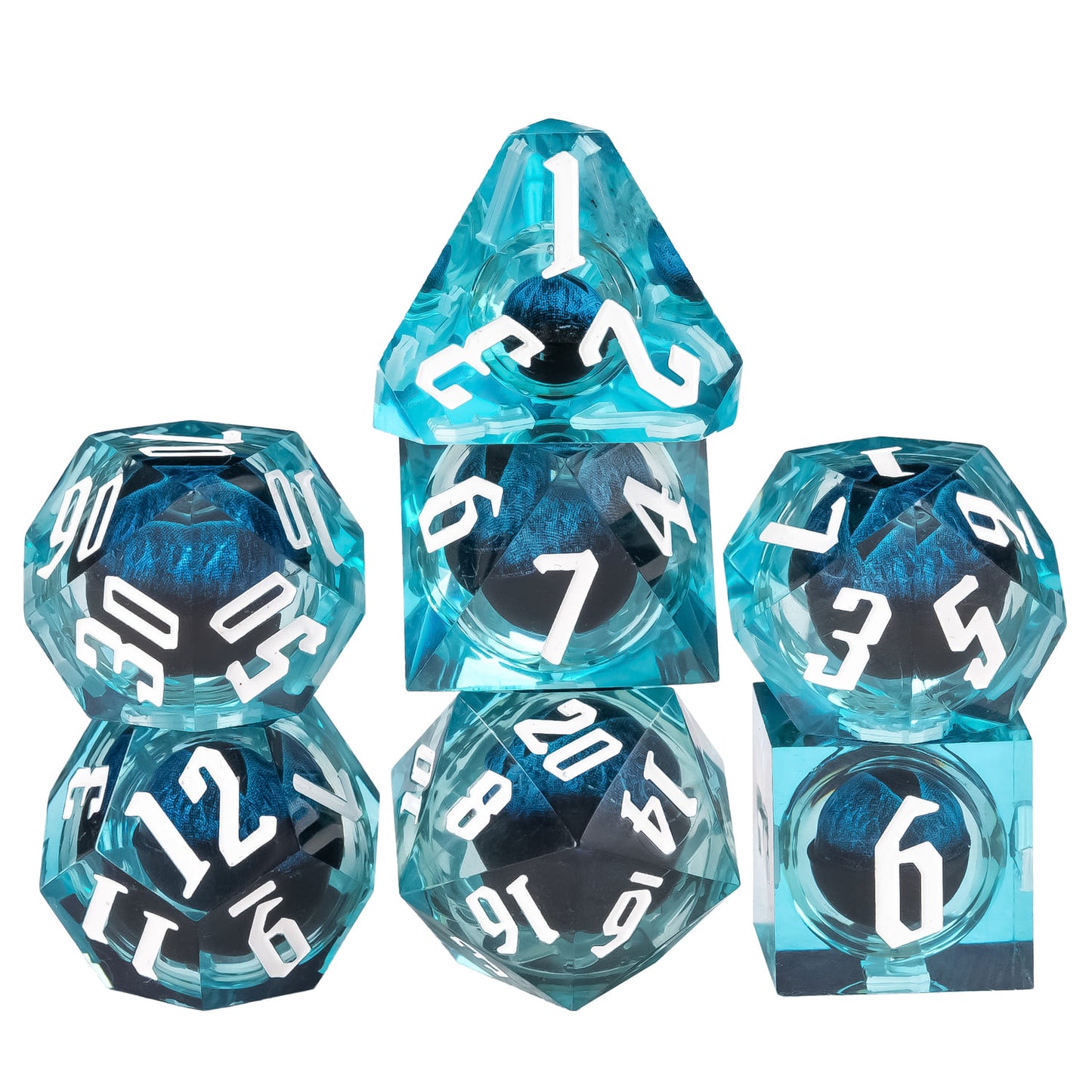 Dragon Eye Blue sharp edge dice set stacked display showing translucent teal resin and white numbering