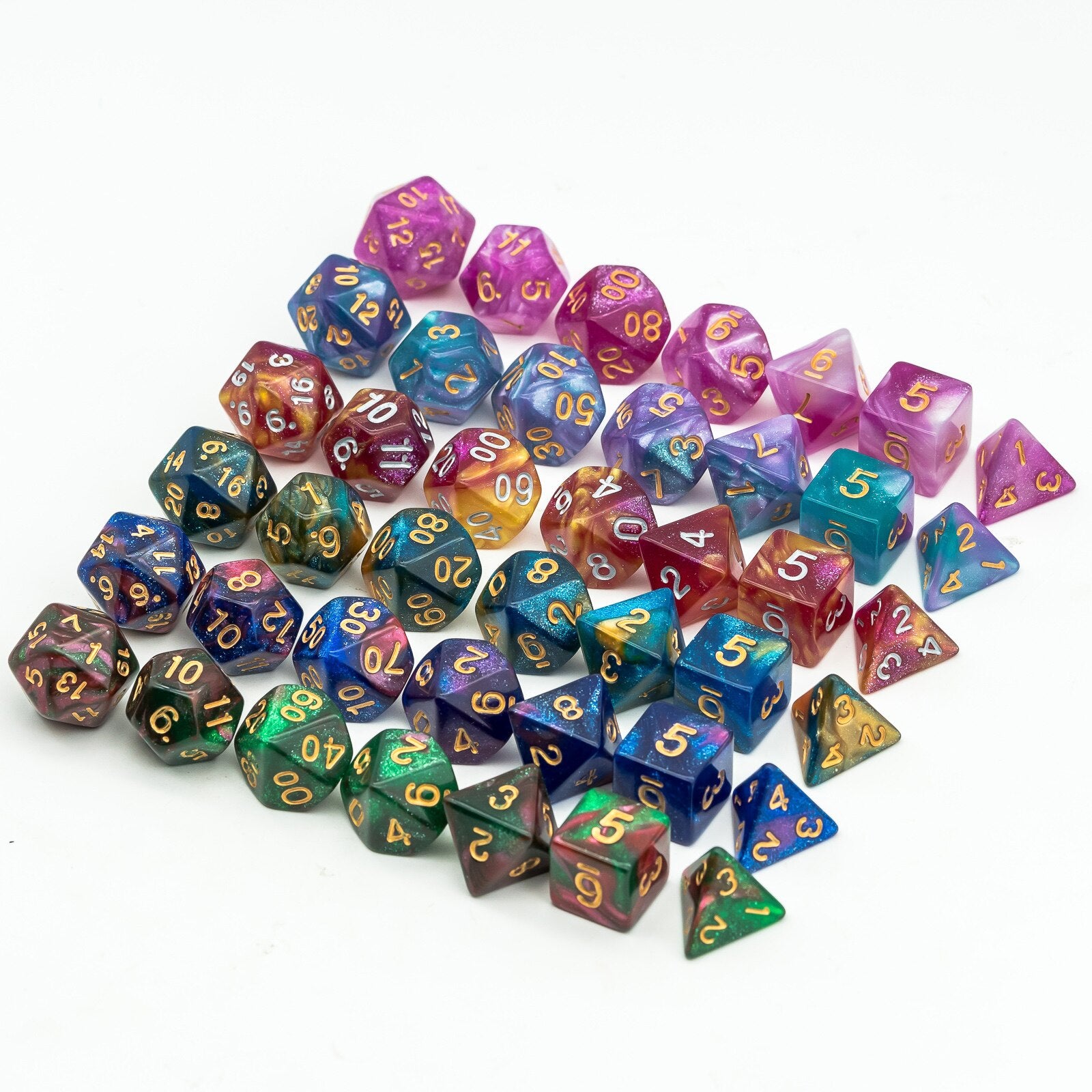 Full collection of resin Dragon Eye dice sets with gold numbering