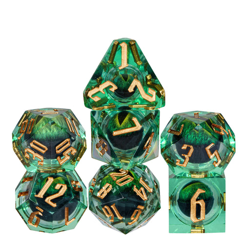 Green Dragon Eye dice set, resin polyhedral dice with gold numbers for DnD & RPG