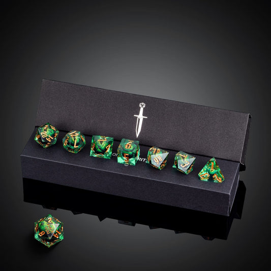 Dragon Eye Green Fck Me Sharp Edge Dice Set in presentation box with dual D20s Yeet & F*ck