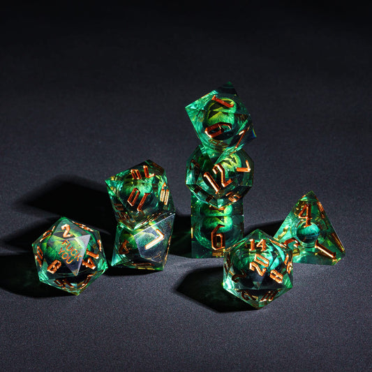 Dragon Eye Green Fck Me Sharp Edge Dice Set stacked dice display with two D20s Yeet & F*ck