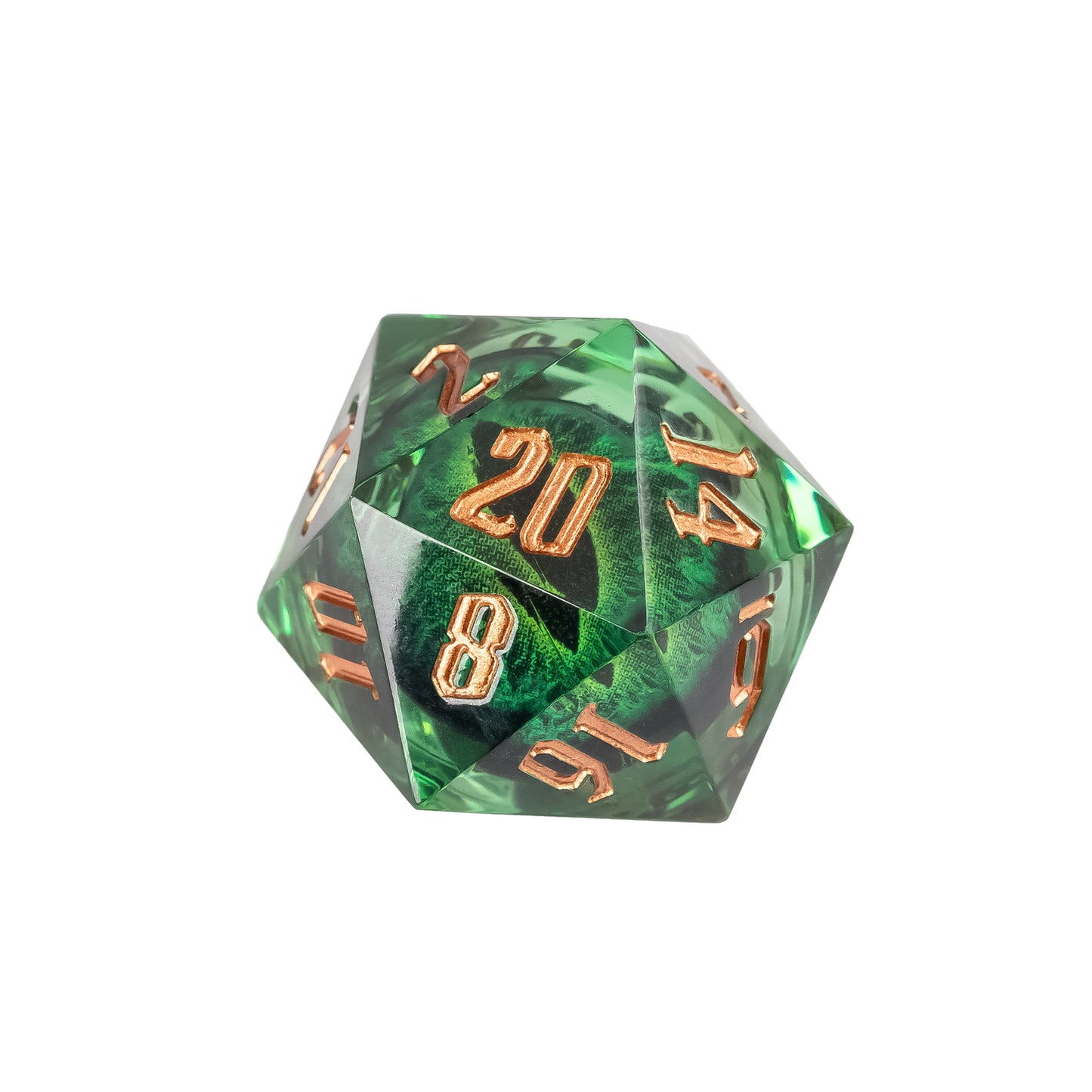 Green Dragon Eye sharp edge D20 with translucent emerald resin, suspended dragon eye core, and metallic gold engraved numbers