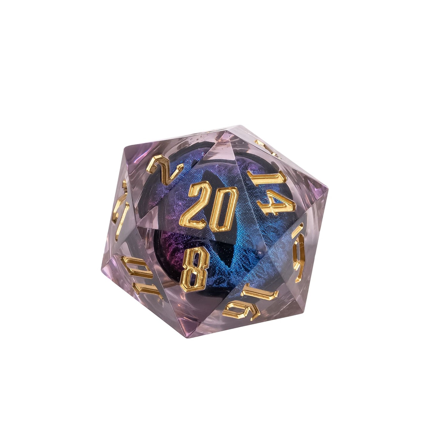 Purple Dragon Eye D20 sharp edge resin die with gold numbering and iridescent blue core