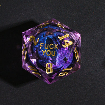 Closeup of D20 showing Fuck  You face from Dragon Eye Purple Sharp Edge Dice Set 