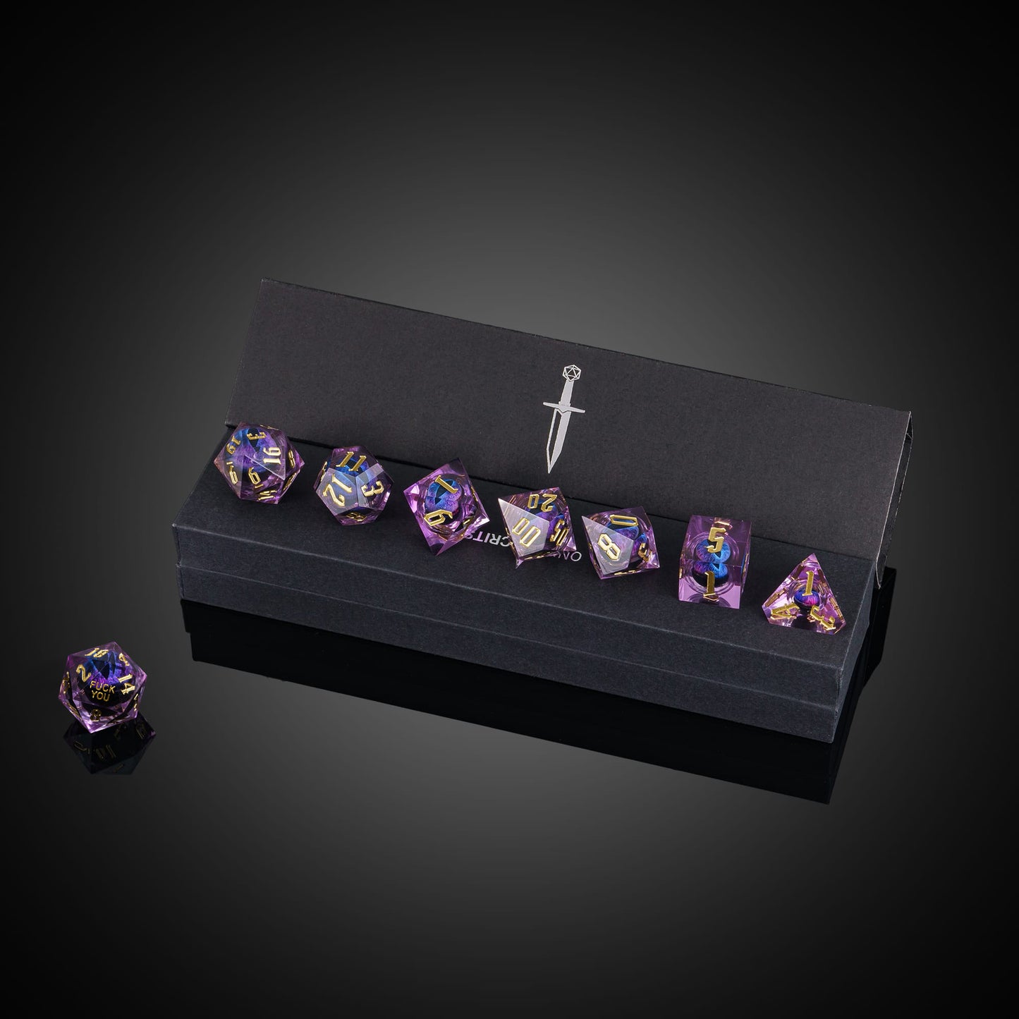 Dragon Eye Purple Fuck Me Sharp Edge Dice Set displayed in Only Crits box for DnD players