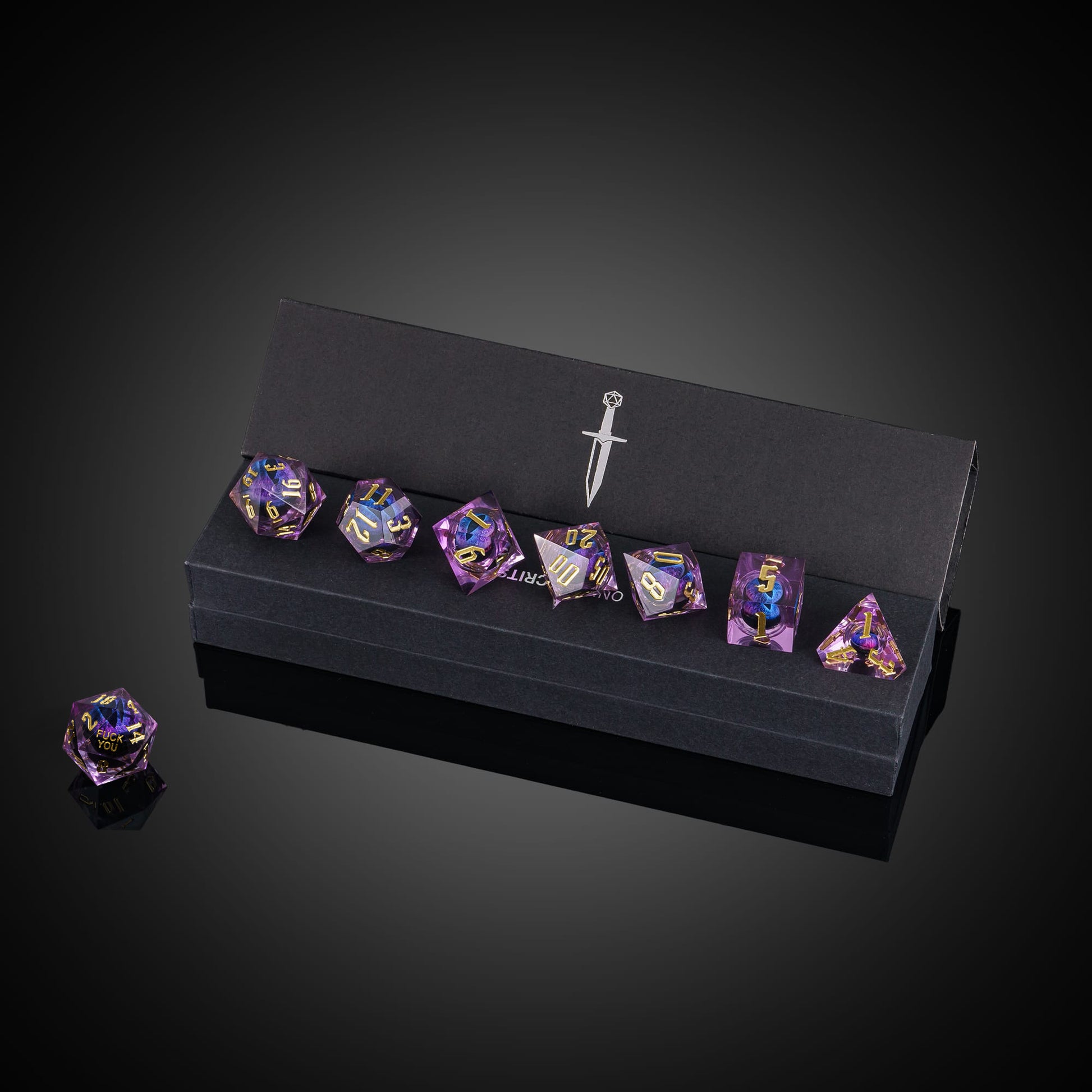 Dragon Eye Purple Fuck Me Sharp Edge Dice Set displayed in Only Crits box for DnD players