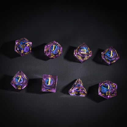 Overhead display of Dragon Eye Purple Fuck Me Sharp Edge Dice Set with gold numbering for DnD