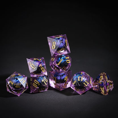 Stacked display of Dragon Eye Purple Fuck You Sharp Edge Dice Set for DnD & tabletop RPGs