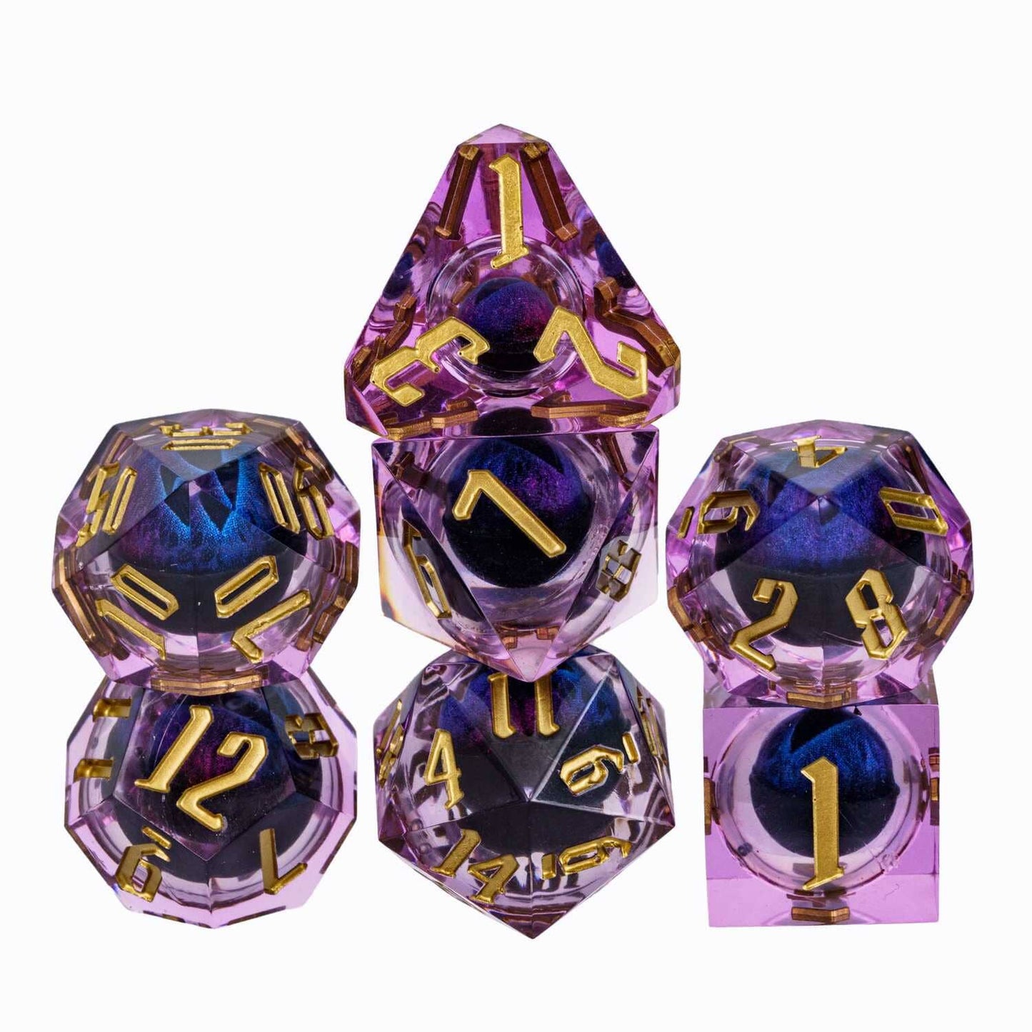 Dragon Eye Purple sharp edge dice set with translucent purple resin, gold engraved numbers, and floating blue eye core
